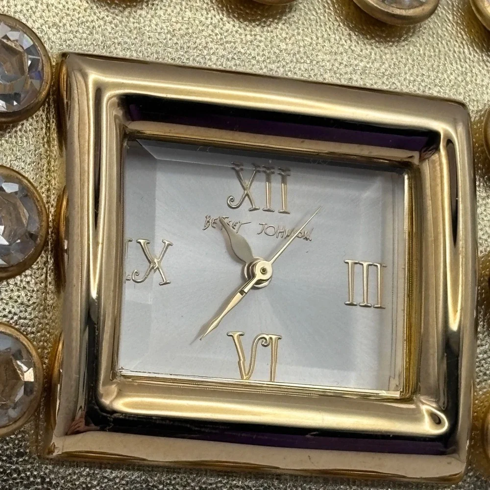 Betsey Johnson Leather Crystal Watch Wide Cuff Gold Tone - Needs Battery - Picture 4 of 15